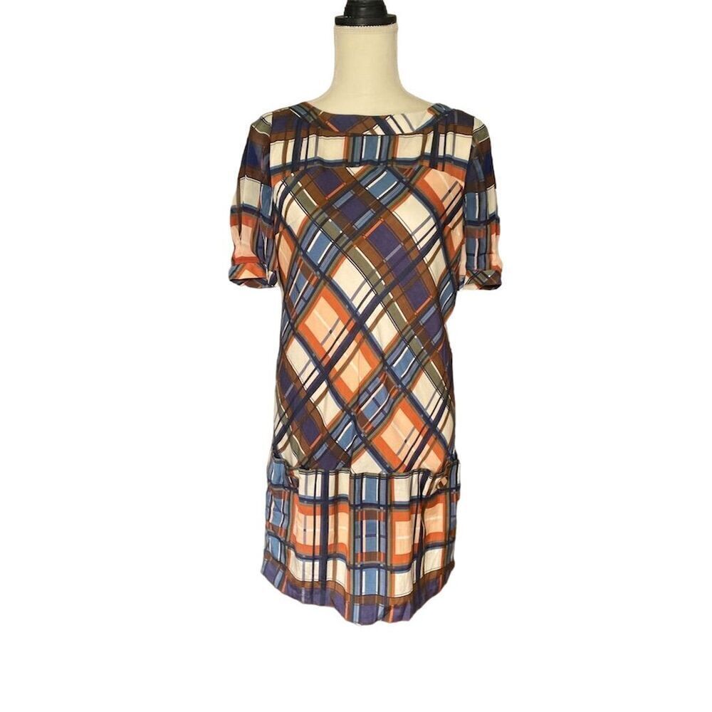 Anthropologie McGinn Plaid Shift Dress Size M Multicolor Short Sleeve FALL